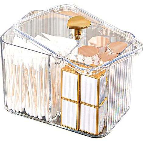 Organizador transparente para bastoncillos de algodón con tapa, dispensador impermeable para bastoncillos de algodón para baño o dormitorio (transparente, M) (1/5)
