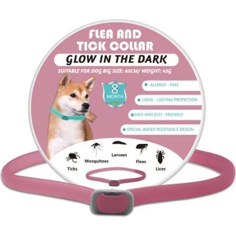 Collare antipulci e zecche per cani, regolabile, luminoso, resistente all'acqua, 8 mesi di protezione, rosa (1/4)