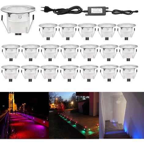 10 Spot LED Eclairage Extérieur Encastrable Sol Terrasse Bois,45mm Spots Encastré Extérieur Fait en IP67 DC12V 1W Avec Alimentation EU Pour Jardin Escalier Patio RGB (1/5)