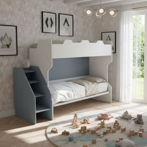 Letto a castello salvaspazio con terzo letto estraibile e scala laterale - Ideale per camerette - Bianco e Avio