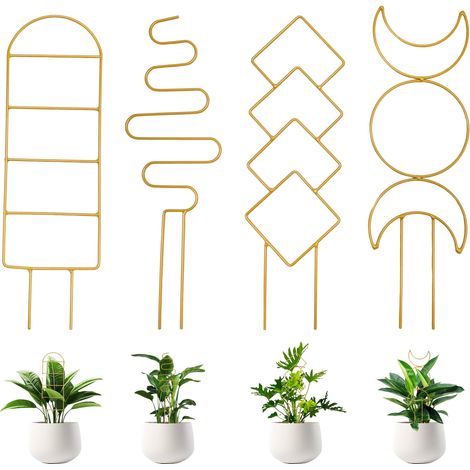 Juego de 4 soportes metálicos dorados para plantas, ideales para macetas pequeñas de interior y exterior, aptas para enredaderas, hiedra y otras flores. Dorado (1/5)