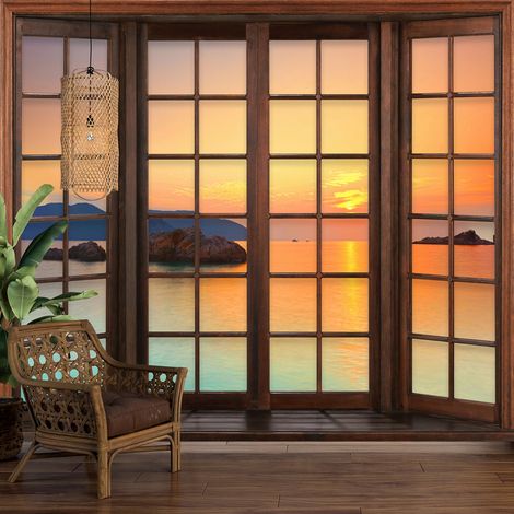 Papier peint panoramique Trompe l'oeil Fenêtre en bois - Vue Mer - 130 cm x 104 cm (1/5)