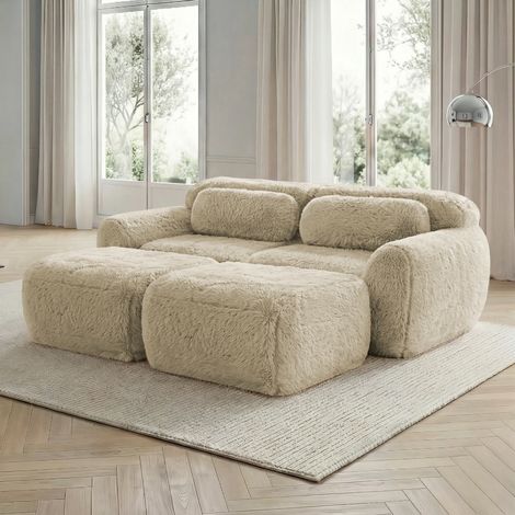 Canapé modulaire 2 places kaki clair en peluche sans montage avec 2 ottomans (1/5)
