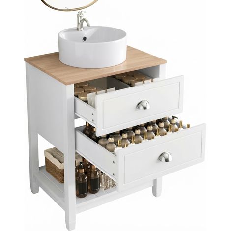 ELVMI Mobile Sottolavabo con 2 Cassetti, Vano Aperto e Lavabo Rotondo in Ceramica per Bagno, MDF Bianco Legno Naturale (1/5)