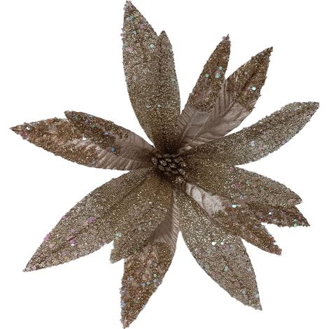 Fiore decorativo natalizio glitterato color champagne per decorazioni e composizioni h 30 cm (1/2)