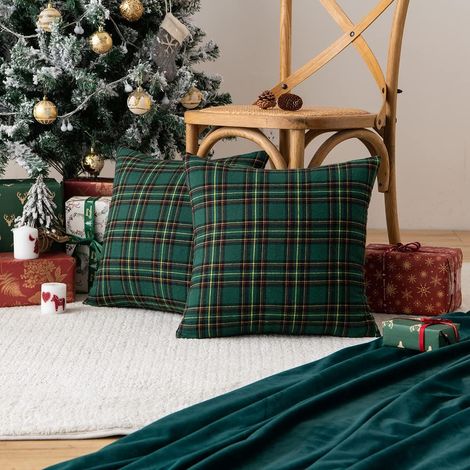 Set di 2 federe per cuscini natalizi a quadri - Morbido cotone e poliestere - Per auto, divano, camera da letto - 45 x 45 cm - Verde e giallo (1/4)