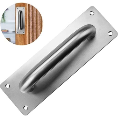 Poignée de porte coulissante en acier inoxydable avec plaque de montage, pour porte de grange, placard ou jardin (200mm x 65mm x 1,2mm), lot de 1. (1/5)