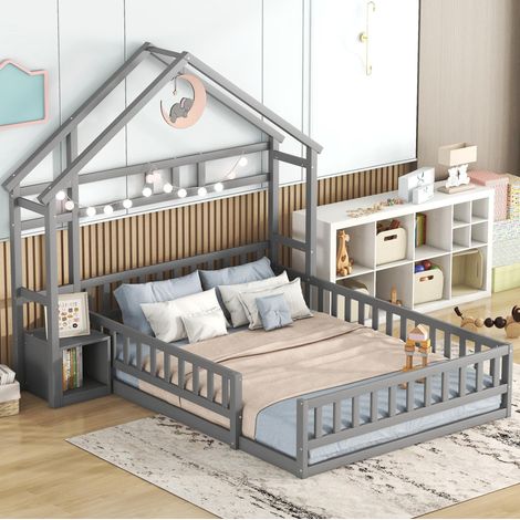 Letto 140x200 cm a Forma di Casa, Legno di Pino Grigio, Sponde 31 cm e Comodino Integrato (1/5)
