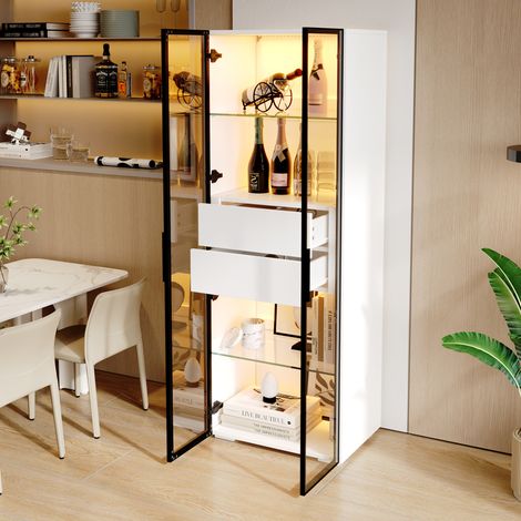 Vetrina 60 x 40 x 160 cm con LED, 2 cassetti, porte in vetro temperato, bianca DESVIAE (1/5)