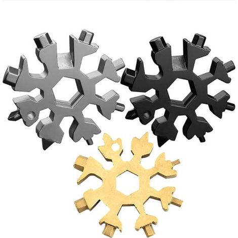 18-in-1-Multitool aus Edelstahl in Schneeflockenform mit Flaschenöffner, Schraubendreher, Schraubenschlüssel, schwarz und silber (1/5)