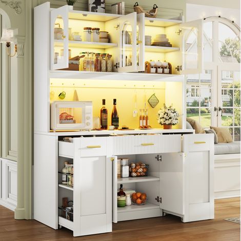 Meuble de rangement de cuisine 120 cm avec LED RGB, 3 vitrines en verre, blanc (1/5)