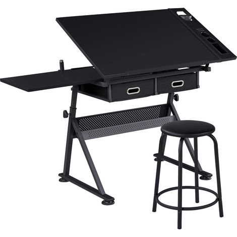 Table à Dessin Inclinable Hauteur Réglable avec Tabouret et 2 Tiroirs Compartiments à Crayons Bureau pour Dessinateur Peintre Ingénieur Artiste Noir (1/5)