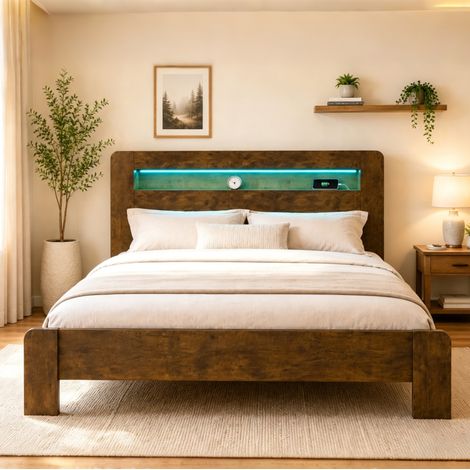 Lit capitonné  180x200 cm avec rangement intégré dans la tête de lit Lit plateforme avec éclairage LED et prises intégrées Bois (1/5)