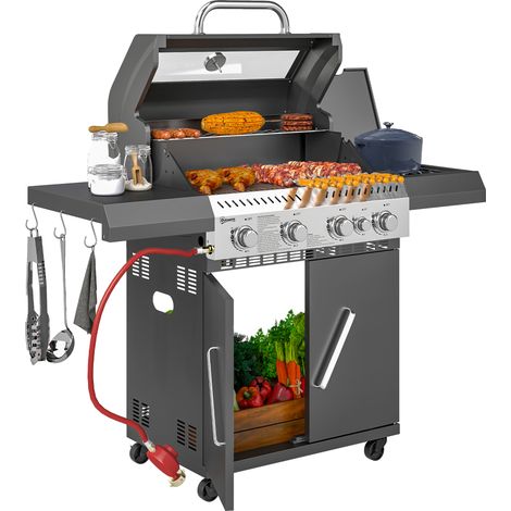 Outsunny 4+1 Burner Gas BBQ Grill with Clear View Lid, Portable Gas Barbecue Grill with Built-in Thermometer, Side Table, Cabinet, Wheels, Grease Tray for Garden Party Outdoor Cooking, Black