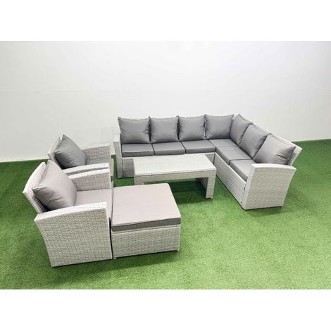 Fimous Rattan Garden Furniture Set 6 Pieces Outdoor Garden Sofa Oblong Coffee Table Set with 2 Chairs Big Footstool Light Grey Mixed (1/4)