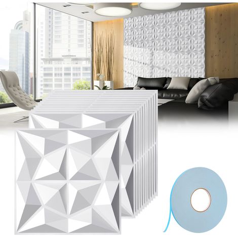 TolleTour Plaques Murales 3D Autocollantes 30×30 cm Motif Diamant Blanc – Revêtement Décoratif Intérieur en PVC (1/5)