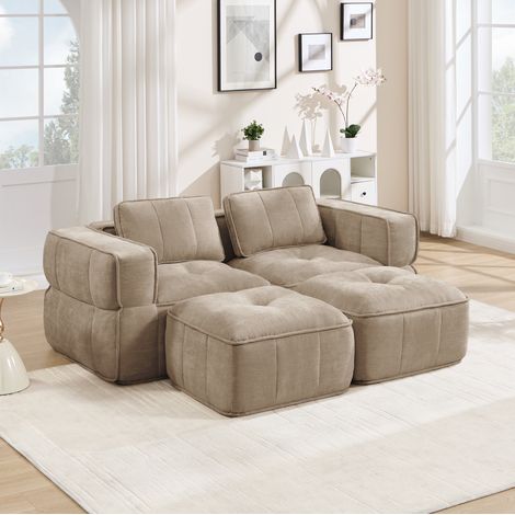 Divano modulare 198x162x67 cm in poliestere sabbia con 2 pouf, senza montaggio – MEUBLIV (1/5)