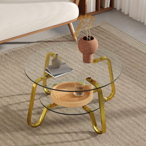 Table basse de style rétro-minimaliste à structure métallique et double plateau en verre trempé — Ajoutez une touche d'élégance à votre salon. (1/5)