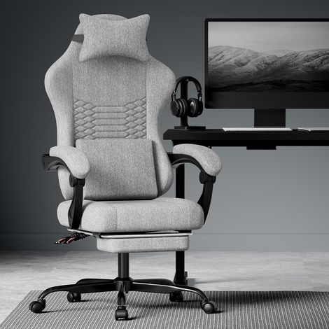 Chaise de bureau gaming en tissu, chaise gaming massante avec appui-tête, siège gaming ergonomique de type racing avec repose-pieds (gris clair)