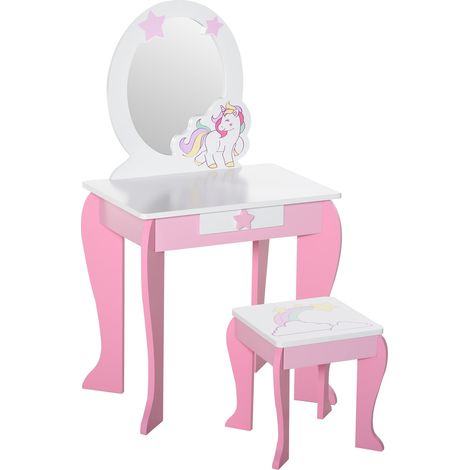 Specchiera Giocattolo per Bambini con Sgabello in MDF Rosa e Bianco (1/5)