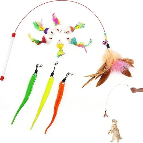 Jouet pour Chat avec Plumes - Kit de Recharges avec 6 Souris, 1 Plume et 3 vers de Remplacement - Accessoire Amusant pour Canne à Pêche pour Chat (1/5)