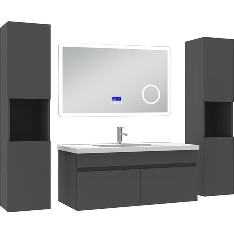 Acezanble Ensemble meuble 100 cm anthracite, lavabo céramique + 2 colonnes hautes + Miroir salle de bain Bluetooth avec 3 couleurs dimmable, suspendu