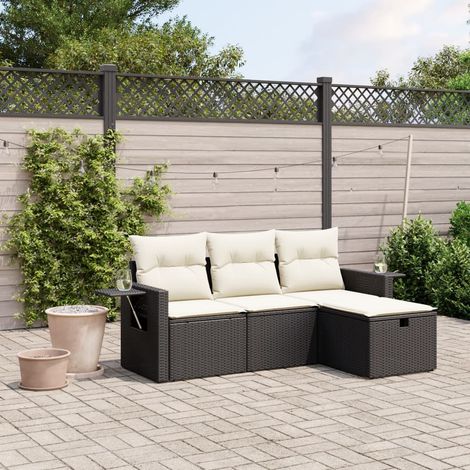 Ensemble Salon Jardin 4 Pièces Noir Résine Tressée avec Coussins Crème, Canapé et Pouf Modulable Modèle Moderne Durable pour Terrasse (1/4)