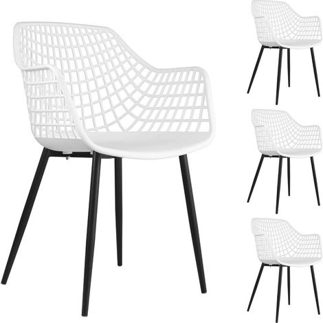 Idimex – Lot de 4 chaises Lucia – Assises en plastique polypropylène blanc – Structure en métal noir – Confort optimal avec accoudoirs