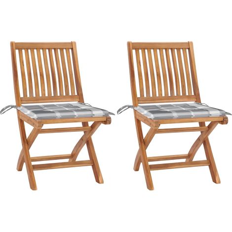 vidaXL Chaises de jardin lot de 2 avec coussins à carreaux gris Teck (1/5)