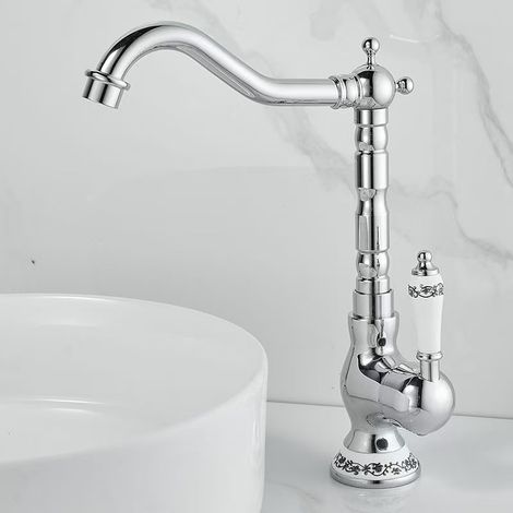 Robinet de Lavabo Rétro, Robinet Salle de Bain en Laiton Chromé, Haut Robinet Mitigeur Lavabo pour Lavabo ou Vasque de Salle Bain, Eau Chaude et Froide Disponible-G1/2