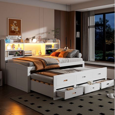 Cama nido 90x200 cm blanca en aglomerado y MDF con LED, cajones y puertos USB-C (1/5)