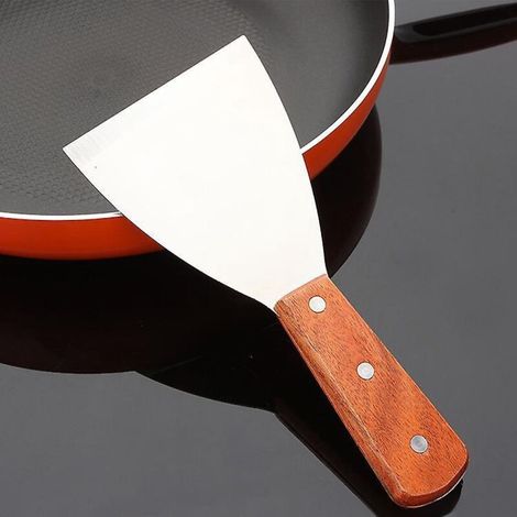Angled edge scraper for grill with stainless steel blade, wooden handle for food service, cleaning supplies, BBQ kitchen restaurants (1/4)