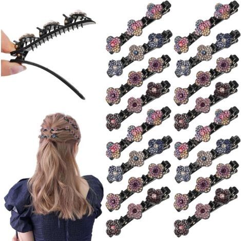 Lot de 16 mini pinces à cheveux tressées en strass - Double couche - Avec strass - Pour femmes et filles (1/5)