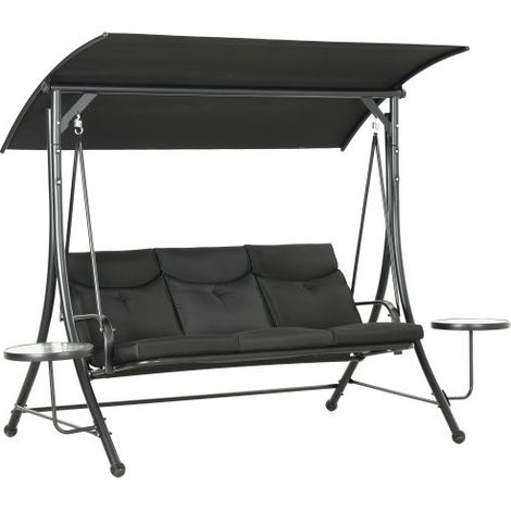 Hollywoodschaukel mit Couchtische, 3-Sitzer Gartenschaukel mit verstellbarem Sonnendach, Schaukelbank belast bis 300kg, für Garten, Terrasse, 271 x 125 x 177 cm, Schwarz