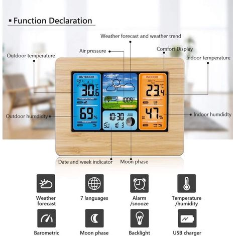 Station météo sans fil avec capteur extérieur, station météo sans fil multifonctionnelle, thermomètre, hygromètre, baromètre, station météo avec prévisions météo, phase de lune (jaune) (1/4)