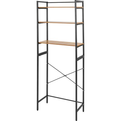 Étagère pour machine à laver – 3 étagères, noir et bois, acier + MDF, charge 15kg – Haute 181 cm, gain de place buanderie