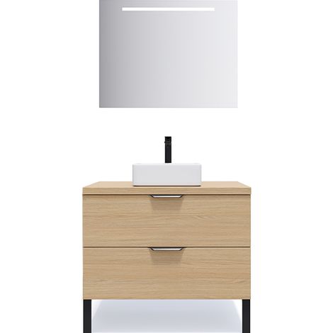 Meuble de salle de bain suspendu vasque à poser 90cm 2 tiroirs Chêne clair + miroir - Soho (1/5)