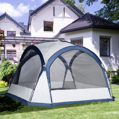 Outsunny Tente camping dôme familiale pour 6-8 personnes avec 4 portes en filet zippées, tissu Oxford amovible, crochet pour lampe, sac transport dim 350L x 350l x 230H cm - blanc et bleu