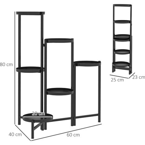 Support à plantes 6 niveaux avec plateaux, pliable - Étagère fleuriste en métal, 80 cm, colonne florale - Pour intérieur, jardin et balcon, noir. (1/5)