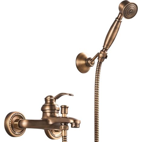 SABIR Grifo de bañera con ducha de mano Acabado de latón antiguo Grifo de ducha montado en la pared con soporte y manguera de ducha para baño Cisea (1/5)