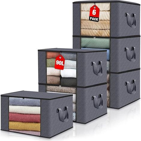 6Pcs Sac Rangement avec Fermeture Éclair, Boîte Vêtements Sous Lit avec Poignées Renforcées et Fenêtres Transparentes, Caisse Armoire Empilable Pliable pour Couvertures, Literie, Coussins, Jouets (1/5)