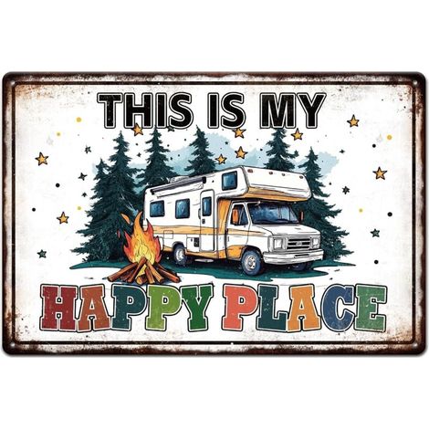 Plaque en étain métallique de camping-car et de feu de camp 20x30 cm "Happy Space" (Espace heureux), Peinture en étain vintage, Plaques, Affiche murale, Plaque pour la cabane de camping, camping-car, (1/5)