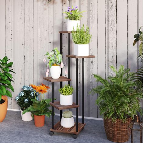 MEUBLIV Estantería para plantas 59x59x110 cm negra – 5 niveles con ruedas y almacenamiento (1/5)