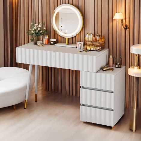 Coiffeuse 5 tiroirs 135x40 cm + miroir rond à LED décor blanc et doré (1/5)