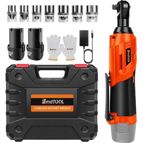 Kit chiave a cricchetto 12V spazzolato, 2 batterie 1500mAh + caricabatterie + 7 bussole, coppia 40 N.M, 0-2300RPM