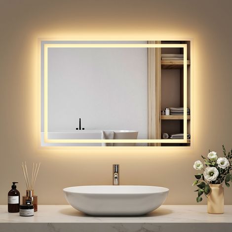 EMKE Rechteckiger Lichtspiegel 50x70cm Badspiegel Warmweiß mit Doppelt Mattierter Rand Wandschalter