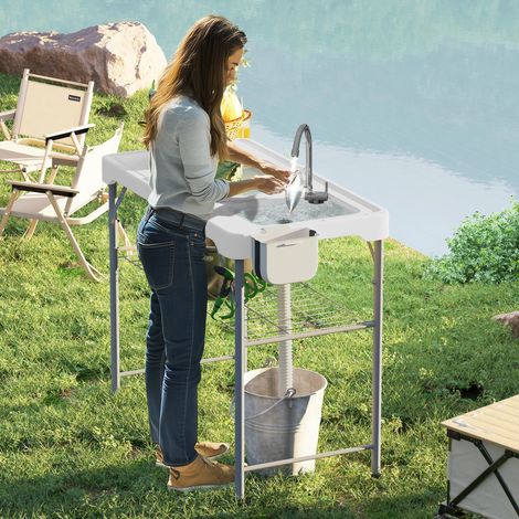 Table pliante camping Blanc 2 éviers station nettoyage tuyau vidange robinet