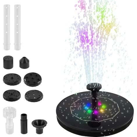 Fontaine solaire (RGB) avec batterie rechargeable 1600 mAh, éclairage LED 7 couleurs, 8 buses et tige rotative pour bassin, jardin, piscine et abreuvoir à oiseaux en extérieur. (1/5)
