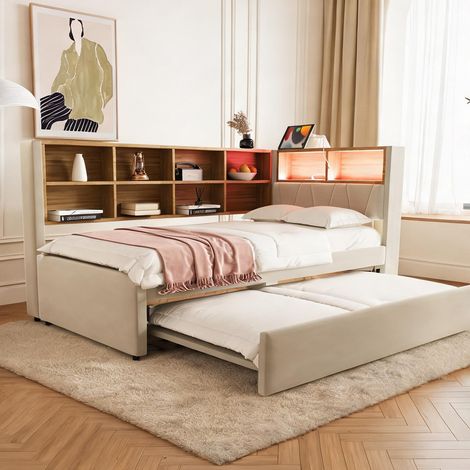 Cadre de lit beige en flannelette 213 x 103 x 98 cm (1/5)