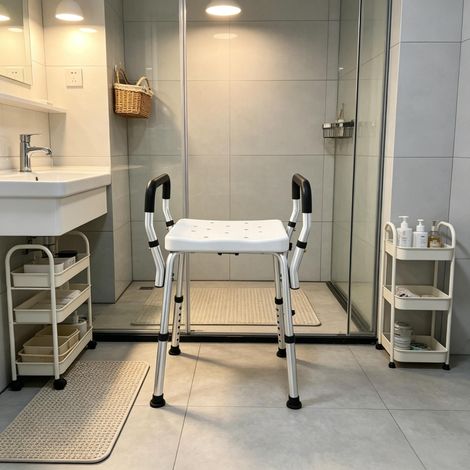 Sedia da doccia regolabile in altezza con braccioli bianca 150 kg OKMYHOME (1/5)